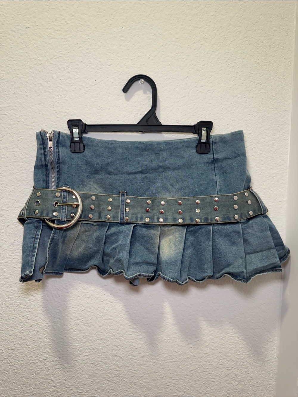 Fashion Nova Blue Denim Pleated Mini Skirt with Studded Belt